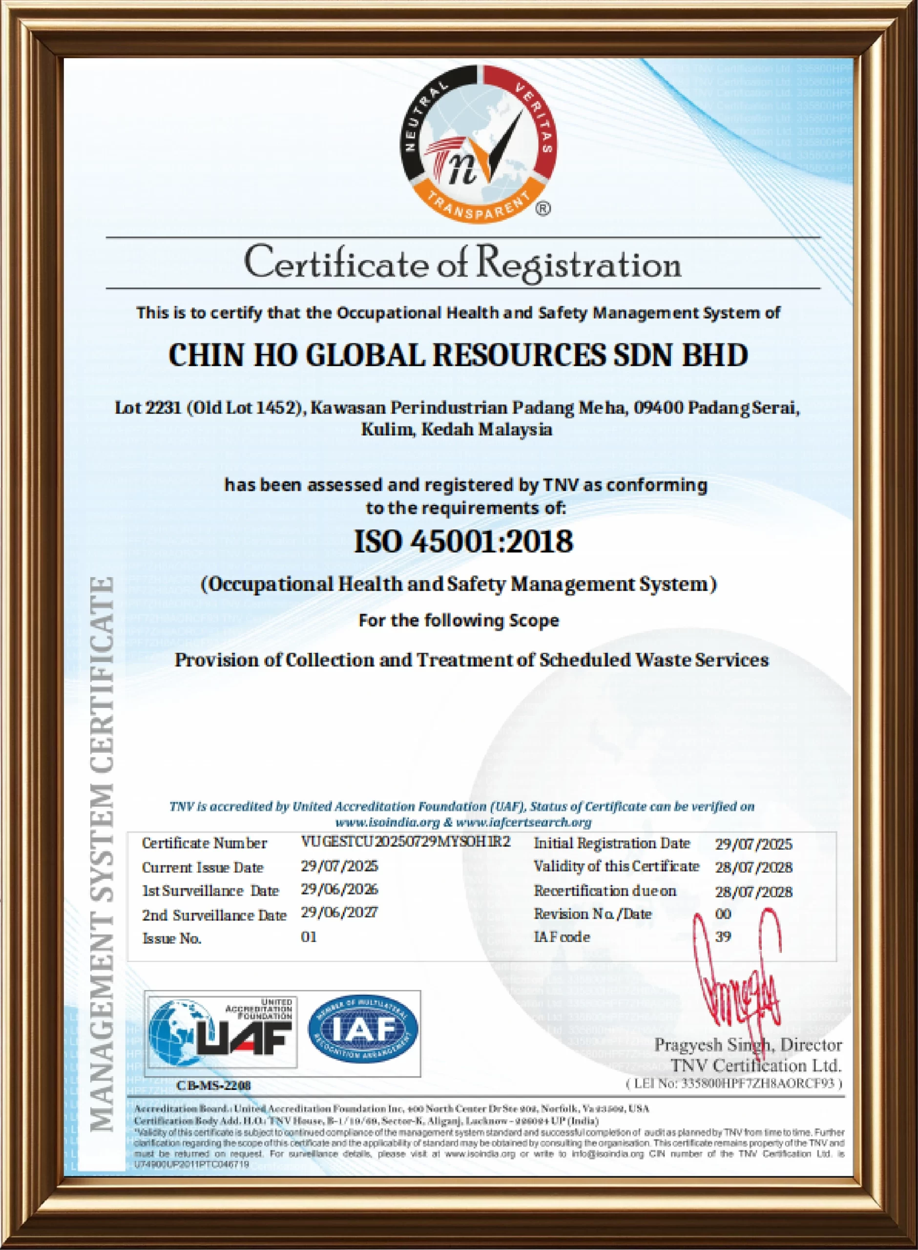 ISO 45001:2018 Occupational Health & Safety Management System certificate of registration for Chin Ho Global Resources Sdn Bhd