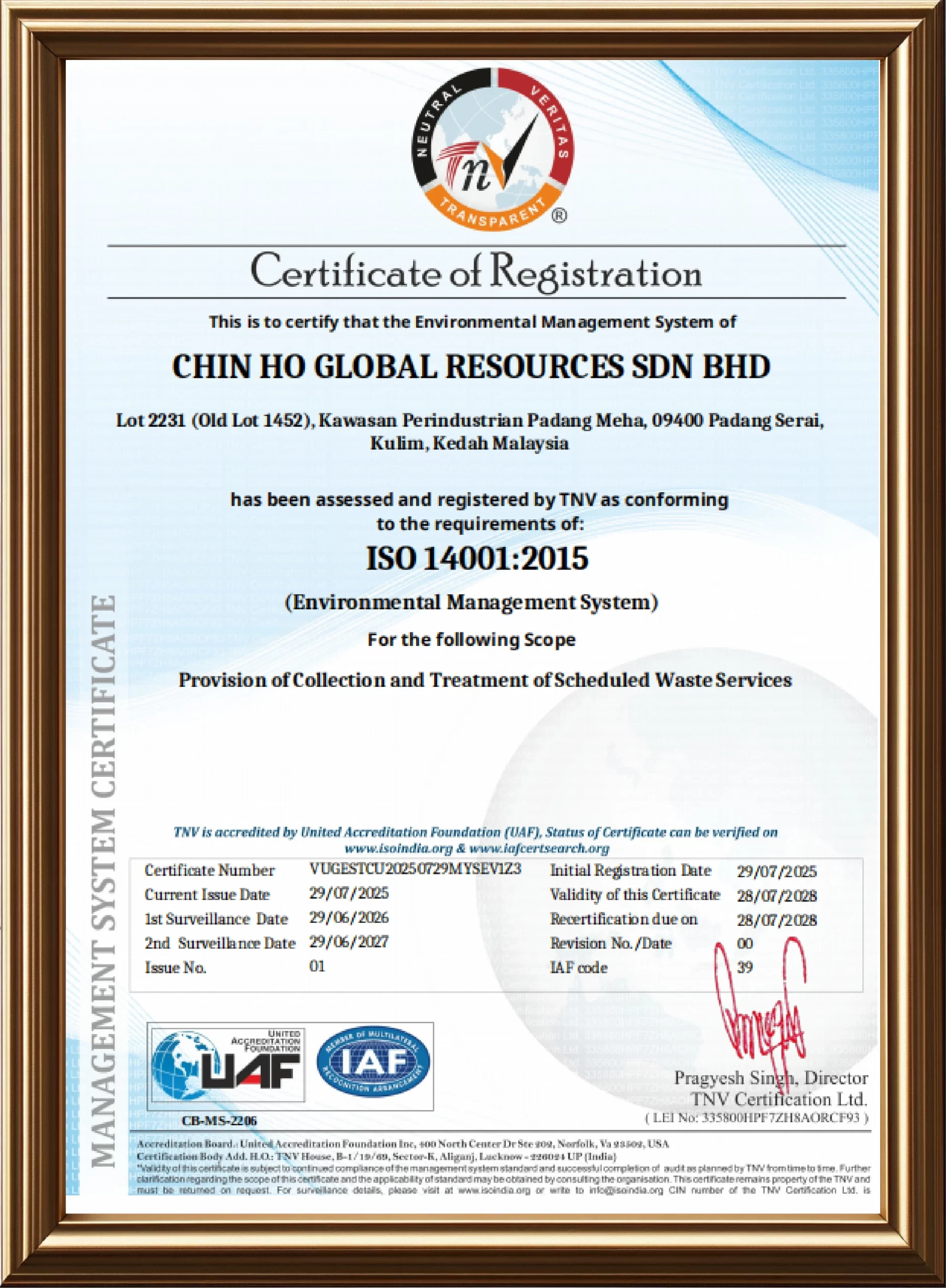 ISO 14001:2015 Environmental Management System certificate of registration for Chin Ho Global Resources Sdn Bhd