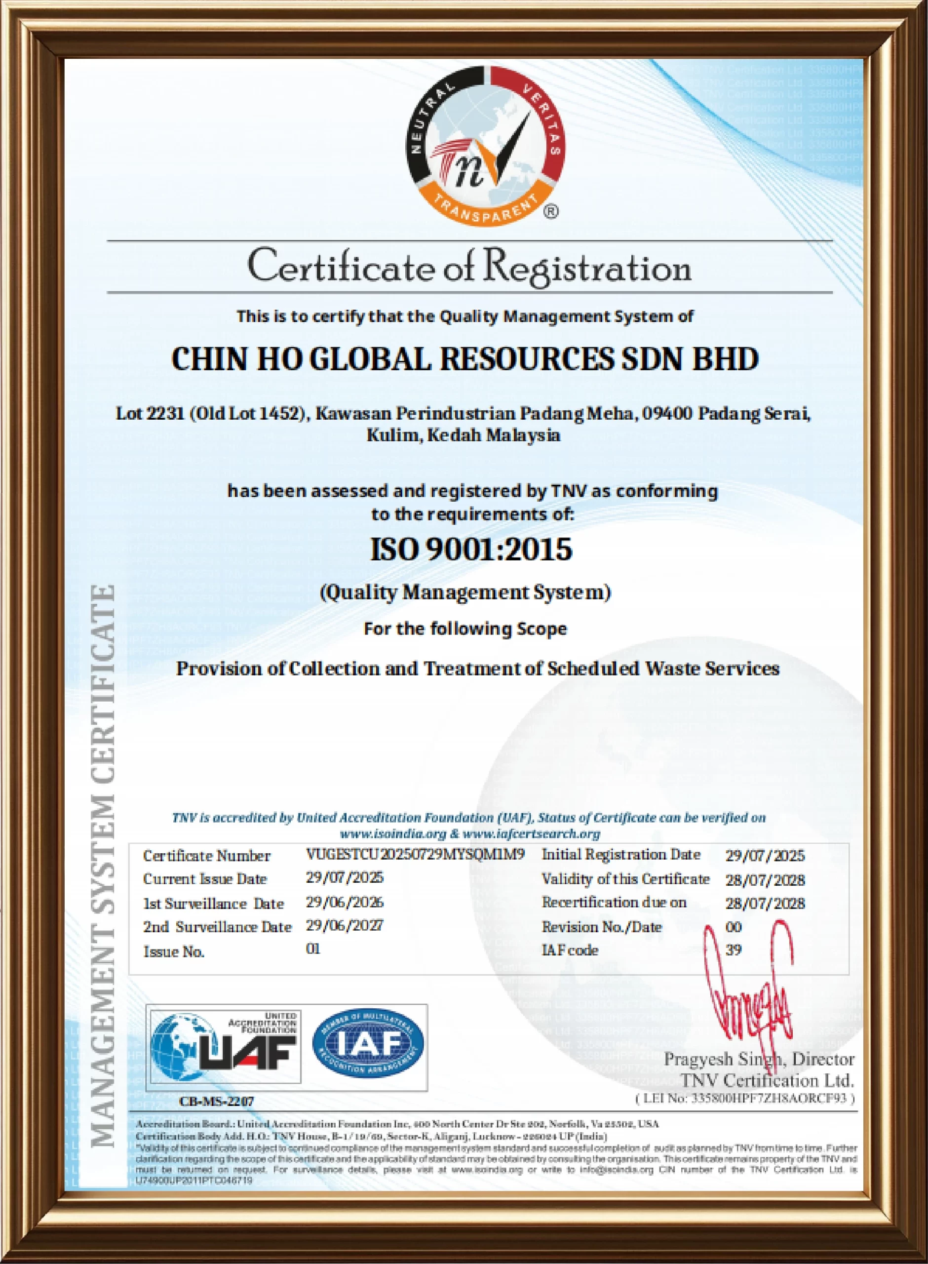 ISO 9001:2015 Quality Management System certificate of registration for Chin Ho Global Resources Sdn Bhd
